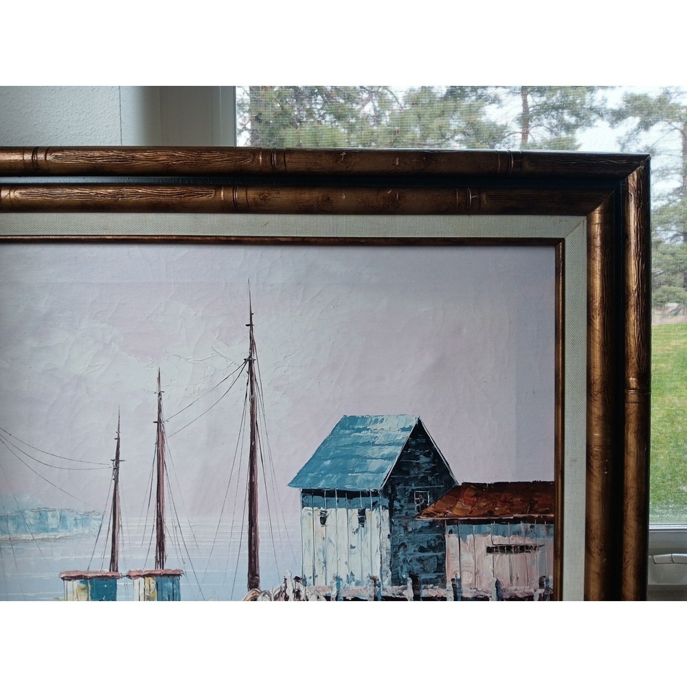 MCM Original KESWICK Oil Painting Fishing Boats in Harbor PINK SKY Calm Nautical - Picture 5 of 12